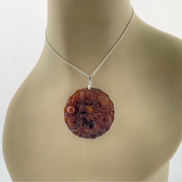 Jade Dragon Pendant, Handmade, Brown Jade, Lucky Stone, 18k Gold Plated Bail - Picture 2 of 11